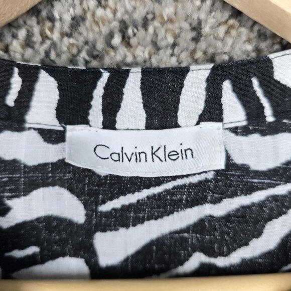 Calvin Klein Top Womens Large Black Animal Print Linen Button‎ Up Blouse Ladies - Picture 6 of 7